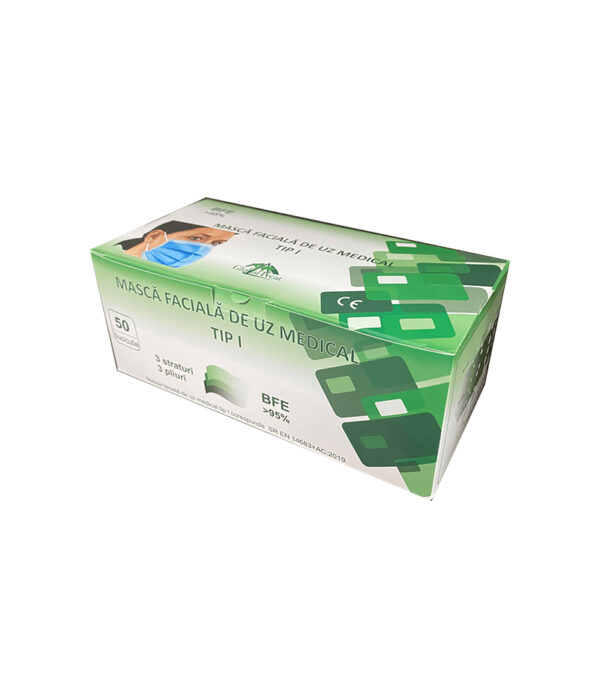 Mască facială de uz medical tip I, 3 pliuri, 50 buc/cutie Global Treat