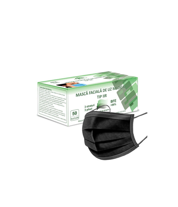 Mască facială de uz medical, neagră, 3 pliuri, 50 buc/cutie Global Treat